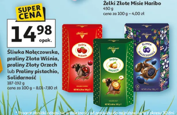Śliwka Nałęczowska, praliny Złota Wiśnia, praliny Złoty Orzech lub praliny pistachio Solidarność promocja w Auchan