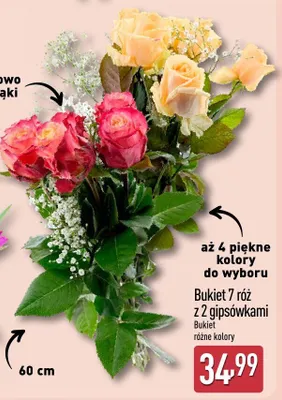 Bukiet 7 róż z 2 gipsówkami różne kolory promocja w Aldi