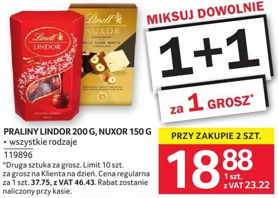 Praliny LINDOR 200 G, NUXOR 150 G promocja w Selgros