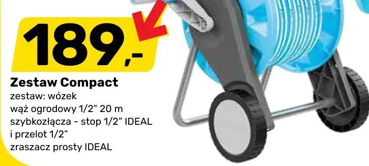 Zestaw Compact wózek, wąż ogrodowy 1/2" 20m, szybkozłącza - stop 1/2" IDEAL i przelot 1/2", zraszacz prosty IDEAL promocja w Bricomarche