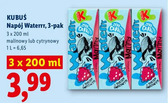 Napój Waterrr malinowy 3-pak Kubuś promocja w Lidl