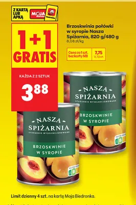 Brzoskwinie połówki w syropie 1+1 GRATIS promocja w Biedronka