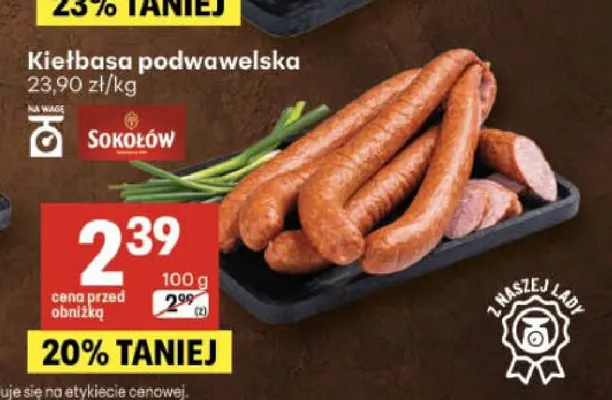 Kiełbasa podwawelska Sokołów promocja w Delikatesy Centrum