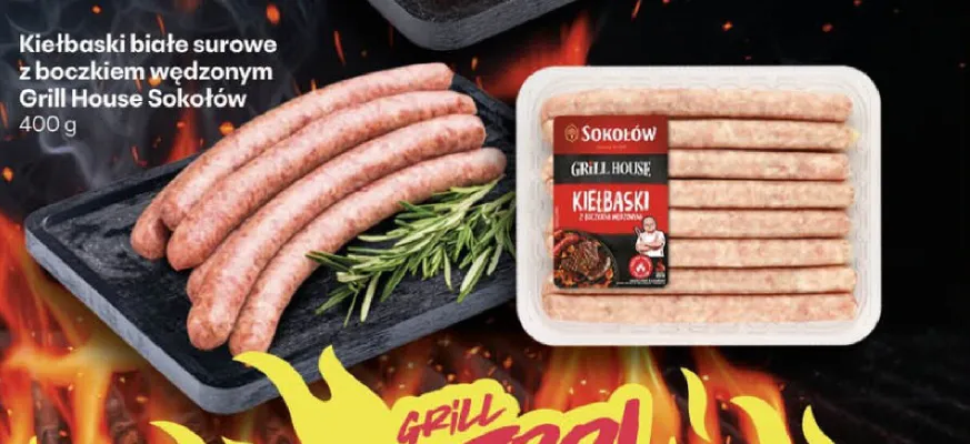 Kiełbaski białe surowe z boczkiem wędzonym Grill House Sokołów promocja w Delikatesy Centrum