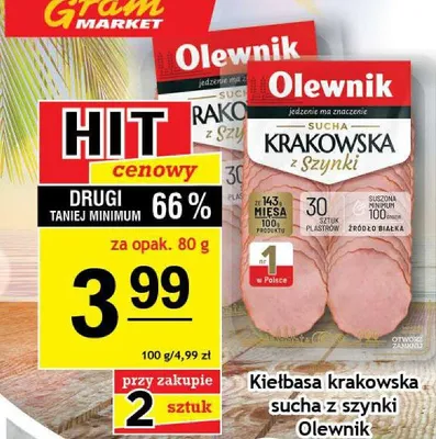 Kiełbasa krakowska sucha z szynki Olewnik promocja w Gram Market