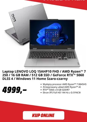 Laptop Lenovo Loq 15AHP10 Fhd / Amd Ryzen 7 250 / 16 Gb Ram / 512 Gb Ssd / GeForce Rtx 5060 Dlss 4 / Windows 11 Home szaro-czarny promocja w Media Markt