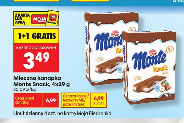 Mleczna kanapka Monte Snack 4-pak 29 g promocja w Biedronka