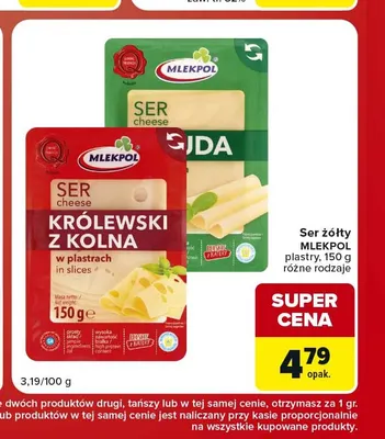 Ser żółty gouda w plastrach Mlekpol promocja w Carrefour Market