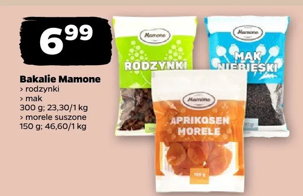 Bakalie Mamone (rodzynki, morele suszone, aprikosen florele) promocja w Netto