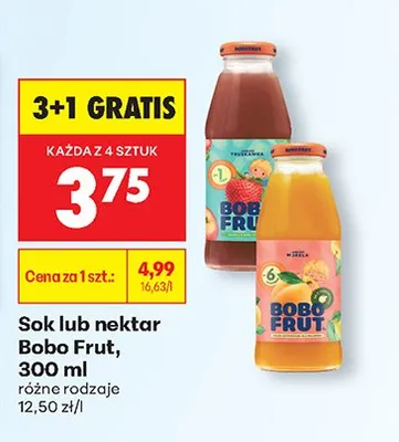 Sok lub nektar Bobo Frut, różne rodzaje 3+1 GRATIS promocja w Biedronka