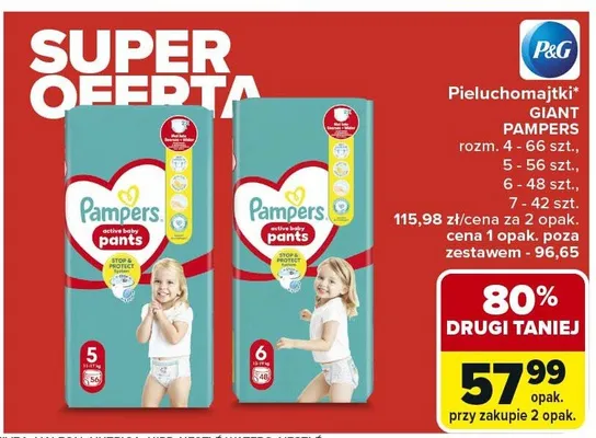Pieluchomajtki Giant Pampers Pants rozm. 4-66 szt., 5-56 szt., 6-48 szt., 7-42 szt. promocja w Carrefour