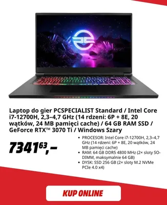 Laptop do gier Pcspecialist Standard Intel Core i7-12700H 2,3-4,7GHz (14 rdzeni: 6P + 8E, 20 wątków, 24 Mb pamięci cache) 64 Gb Ram Ssd GeForce Rtx 3070 Ti Windows szary promocja w Media Markt