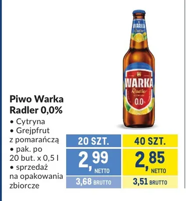 Piwo bezalkoholowe Warka Radler Cytryna promocja w Makro