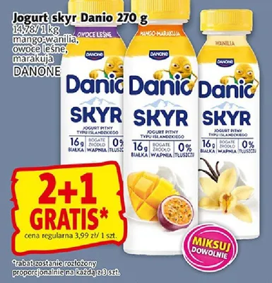 Jogurt skyr Danio mango-wanilia, owoce leśne, naturalny promocja w Prim Market