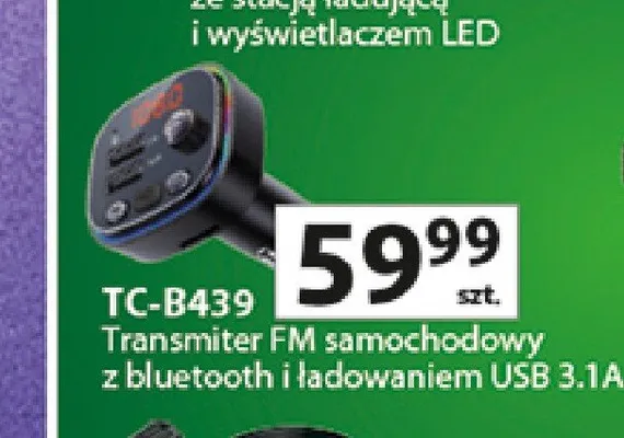 Transmiter FM samochodowy z bluetooth i ładowaniem USB 3,1A Vakoss TC-B439 promocja w Auchan