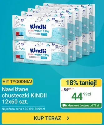 Chusteczki nawilżane Kindii Pure Water 99% 12-pak 60 szt. promocja w ERLI