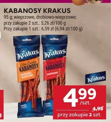 Kabanosy Krakus wieprzowe, drobiowe, wieprzowe przy zakupie 2 szt.: 5,20 zł/100 g promocja w Stokrotka