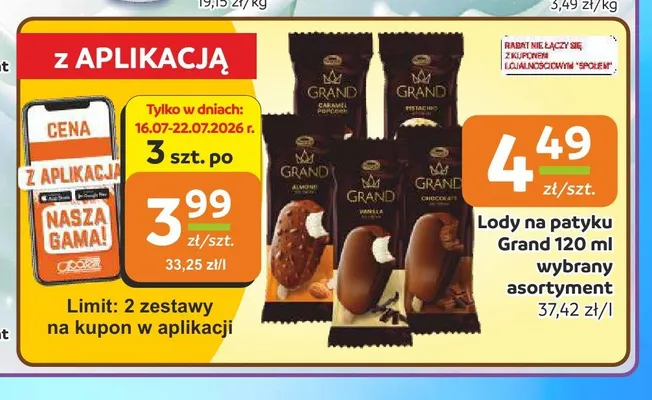 Lody na patyku Grand Caramel Popcorn promocja w Społem Częstochowa