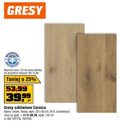 Gresy szkliwione Corsica kolory: cream, honey, wym. 30 x 60 cm, IV kl. ścieralności cena za opak. promocja w OBI