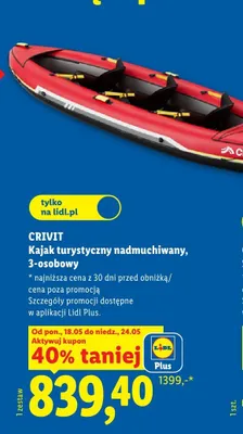 Kajak turystyczny nadmuchiwany 3-osobowy CRIVIT promocja w Lidl