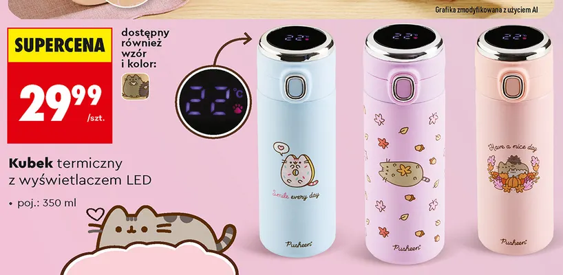 Kubek termiczny z wyświetlaczem LED Pusheen 350 ml promocja w Biedronka