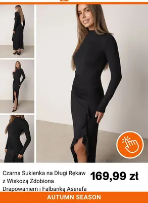 Czarna sukienka na długi rękaw z wiskozą zdobiona drapowaniem i falbanką Aserefa Born2be promocja w Born2be