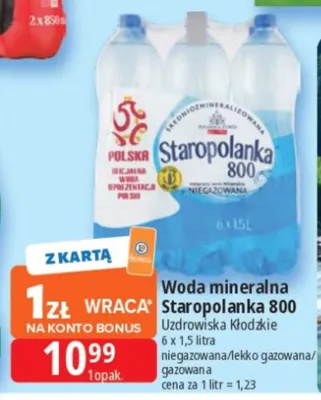 Woda mineralna niegazowana Staropolanka 800 6-pak promocja w Leclerc