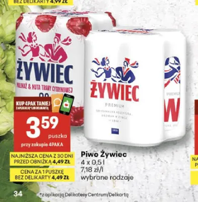 Piwo bezalkoholowe Żywiec Malinaż & Nuta Trawy Cytrynowej 4-pak promocja w Delikatesy Centrum