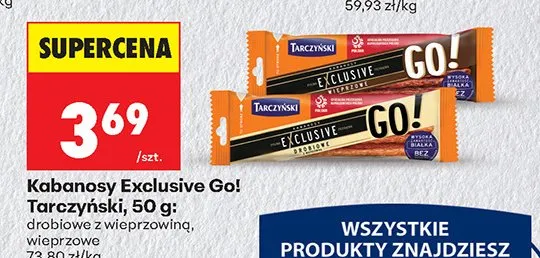 Kabanosy Exclusive Go! Tarczyński drobiowe z wieprzowiną, drobiowe promocja w Biedronka