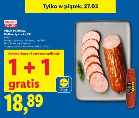 Kiełbasa żywiecka XXL 1+1 GRATIS promocja w Lidl