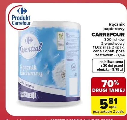 Ręcznik papierowy Carrefour Essential 300 listków promocja w Carrefour