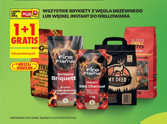 Wszystkie brykiety z węgla drzewnego lub węgiel instant 1+1 GRATIS promocja w Biedronka
