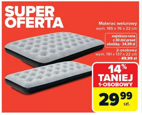 Materac welurowy 2-osobowy 191x137x22cm promocja w Carrefour
