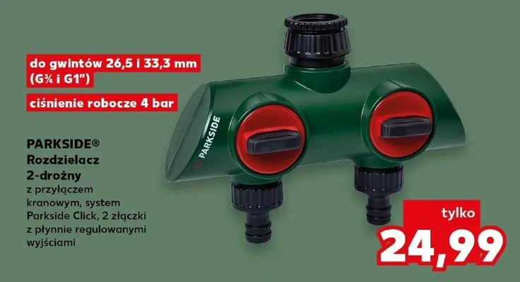 Rozdzielacz 2-drożny Parkside z przyłączem kranowym system Parkside Click do gwintów 26,5 i 33,3mm (G¾ i G1") ciśnienie robocze 4 bar promocja w Kaufland