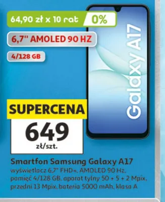 Smartfon Samsung Galaxy A17 wyświetlacz 6,7" FHD+ AMOLED 90Hz pamięć 4/128 GB aparat tylny 50 + 5 + 2 Mpix przedni 13 Mpix bateria 5000mAh klasa A promocja w Auchan