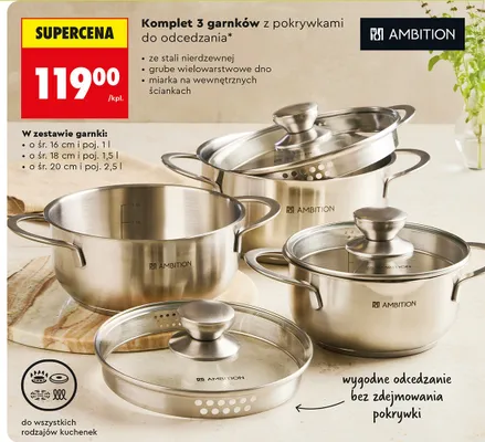 Komplet 3 garnków z pokrywkami do odcedzania promocja w Biedronka