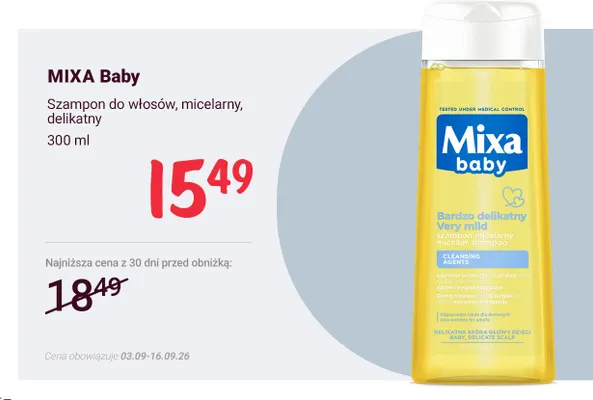 Szampon do włosów micelarny delikatny Mixa Baby promocja w Rossmann