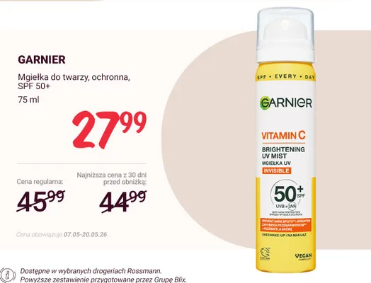 Mgiełka do twarzy ochronna GARNIER Vitamin C SPF 50+ promocja w Rossmann