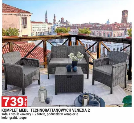 Komplet mebli technorattanowych Venezia 2 sofa + stolik kawowy + 2 fotele poduszki w komplecie kolor taupe promocja w Merkury Market