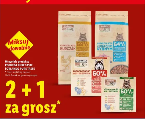 Karma dla kota COSHIDA Pure Taste Różnorodność wsi i pastwisk 8-pak 85g promocja w Lidl