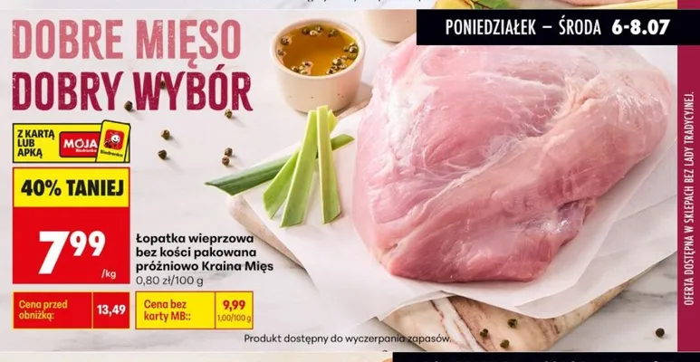 Łopatka wieprzowa bez kości pakowana próżniowo Kraina Mięs promocja w Biedronka