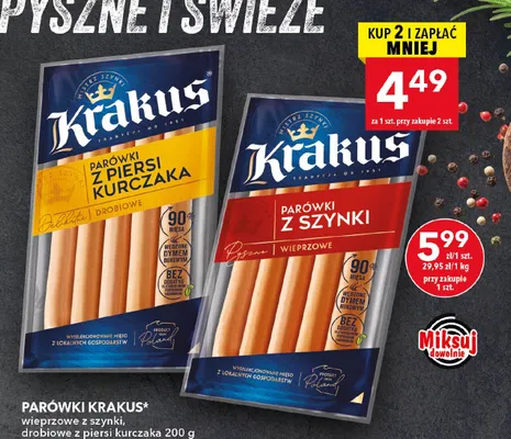 Parówki Krakus drobiowe z piersi kurczaka promocja w LEWIATAN
