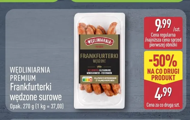 Frankfurterki wędzone surowe Wędliniarnia Premium promocja w Aldi