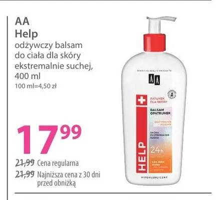 Balsam do ciała AA Help odżywczy promocja w Hebe