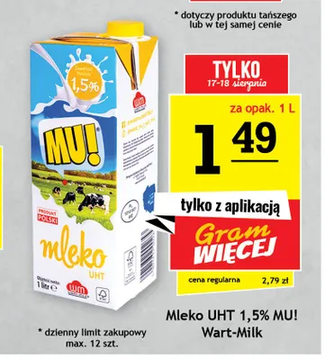 Mleko UHT 1,5% MU! promocja w Gram Market