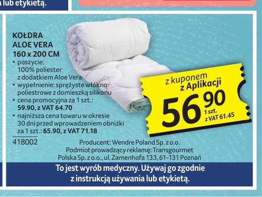 Kołdra Aloe Vera 160x200 cm promocja w Selgros
