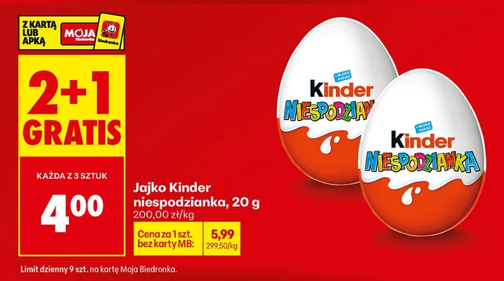 Jajko Kinder Niespodzianka 2+1 GRATIS promocja w Biedronka