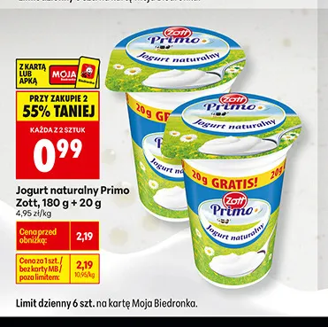 Jogurt naturalny Primo Zott promocja w Biedronka