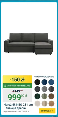 Narożnik NEO z funkcją spania promocja w ERLI