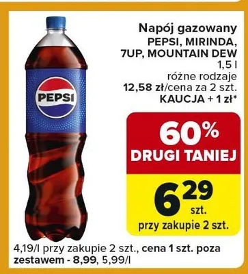 Napój gazowany Pepsi, Mirinda, 7up, Mountain Dew różne rodzaje promocja w Carrefour Express